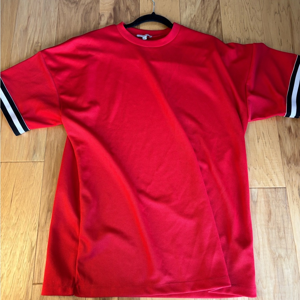 Fashion Nova Red Men's Shirt with Black and White Stripes